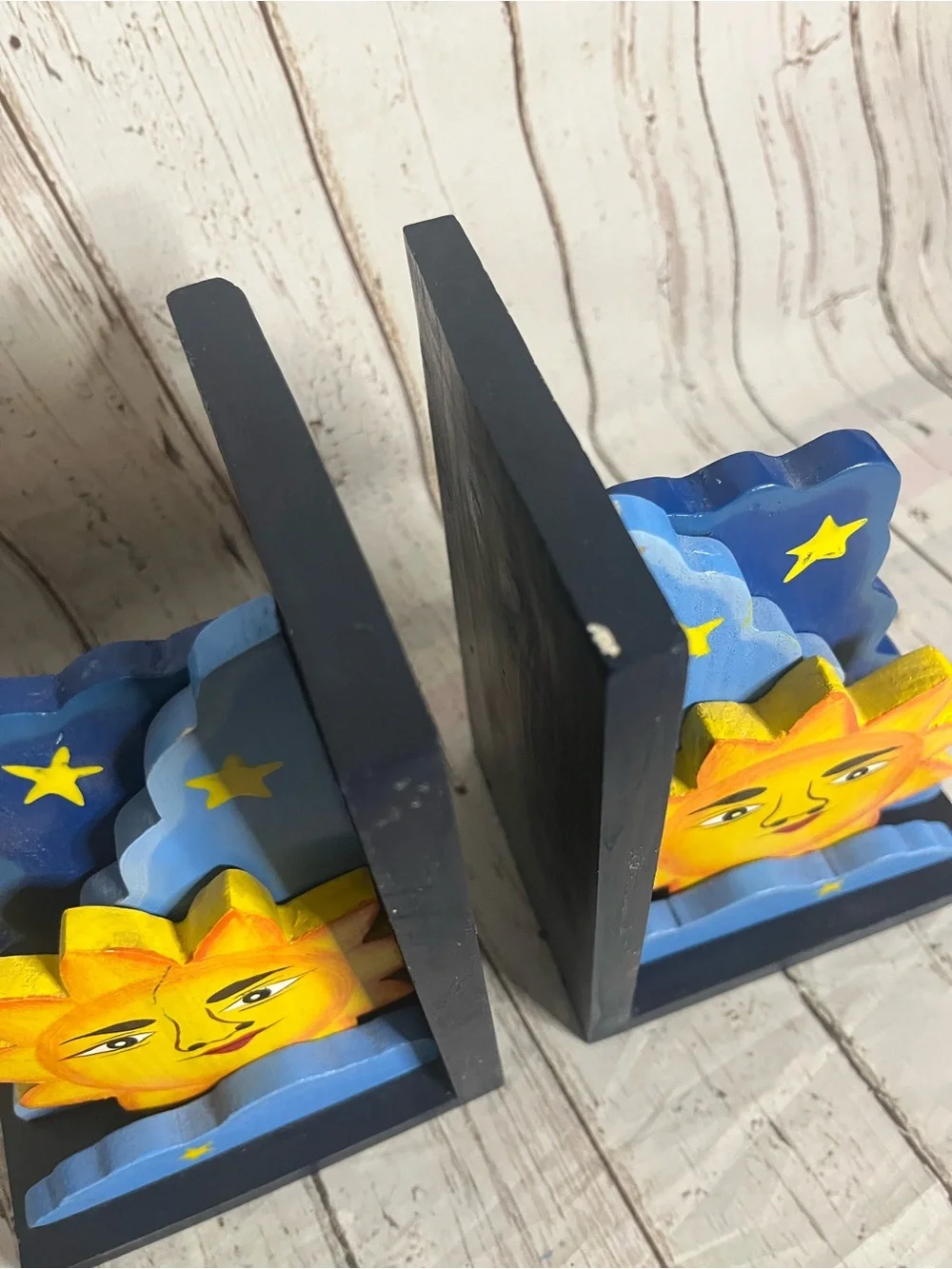 Vintage Celestial Folk Art Hand Painted Sun & Star Wood Bookends